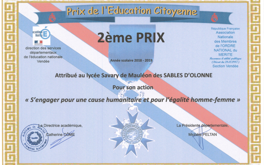 Participation de nos élèves au prix de l’éducation citoyenne de Vendée